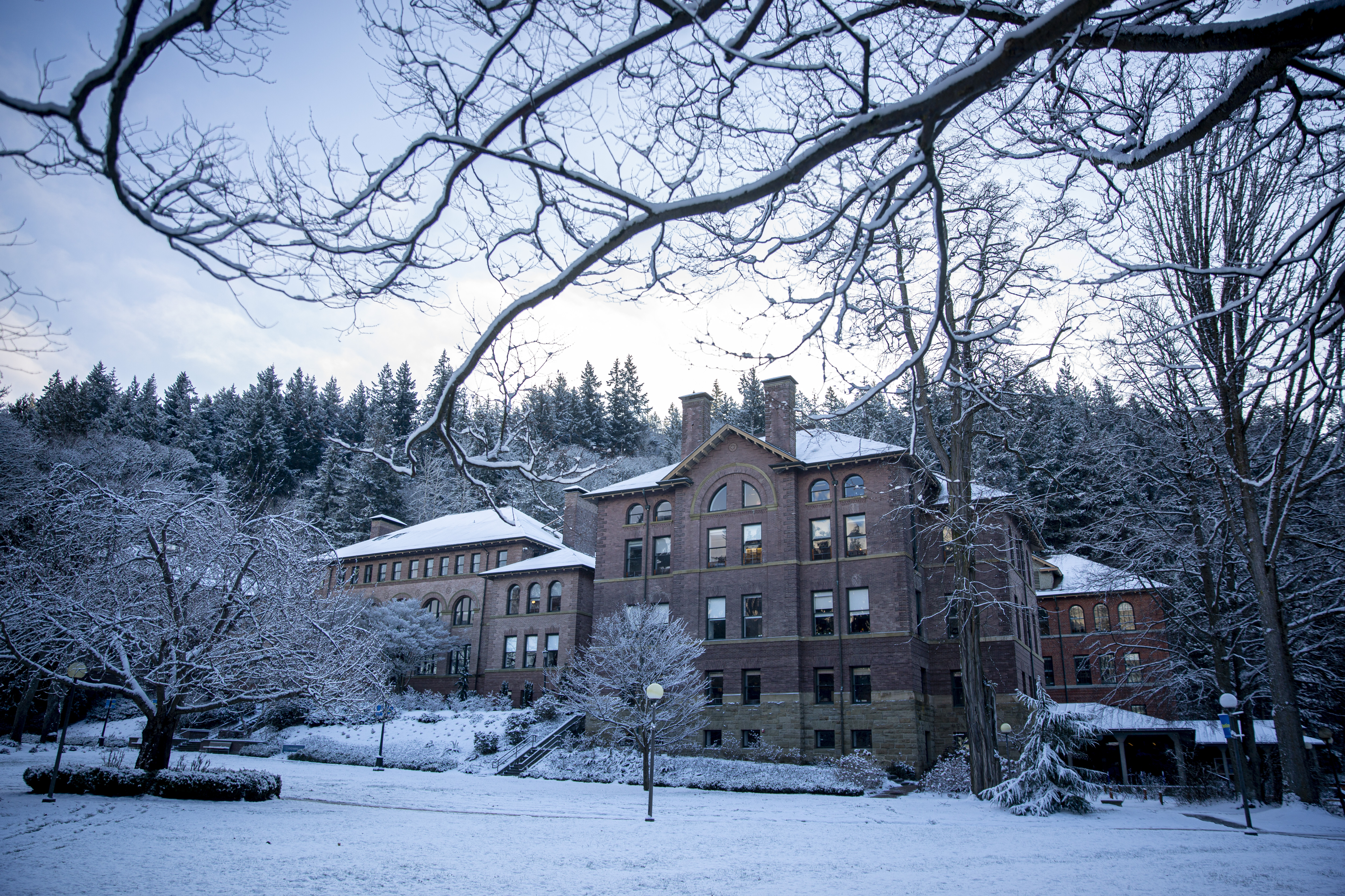 old main with bare trees and snow