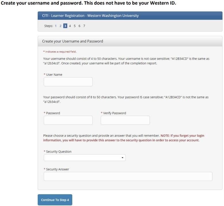 Screenshot of how to create username and password