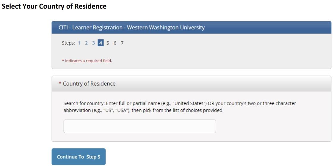 Screenshot of how to select country of residence