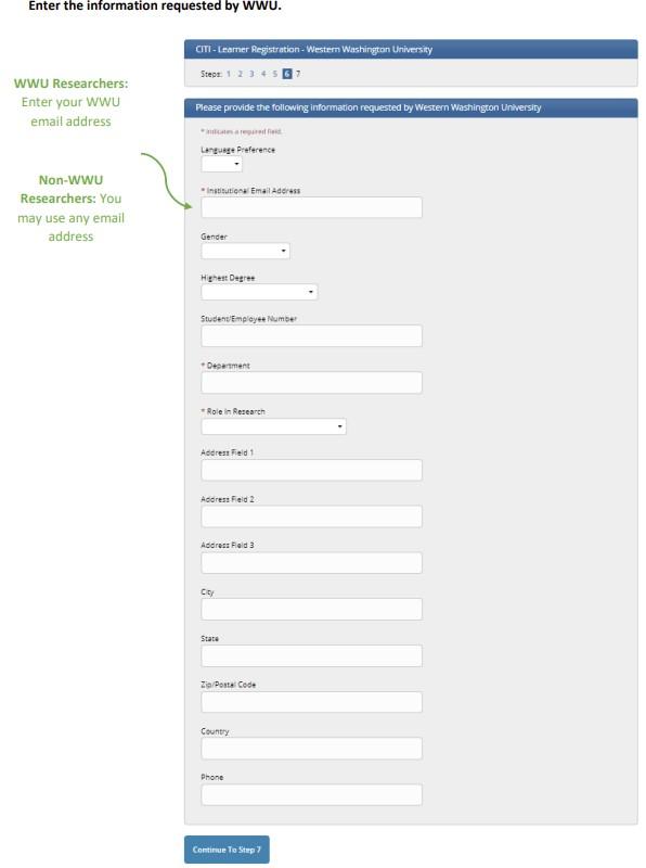 Screenshot of how to enter information requested by WWU