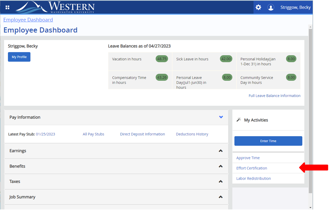 Employee dashboard screenshot, click effort certification