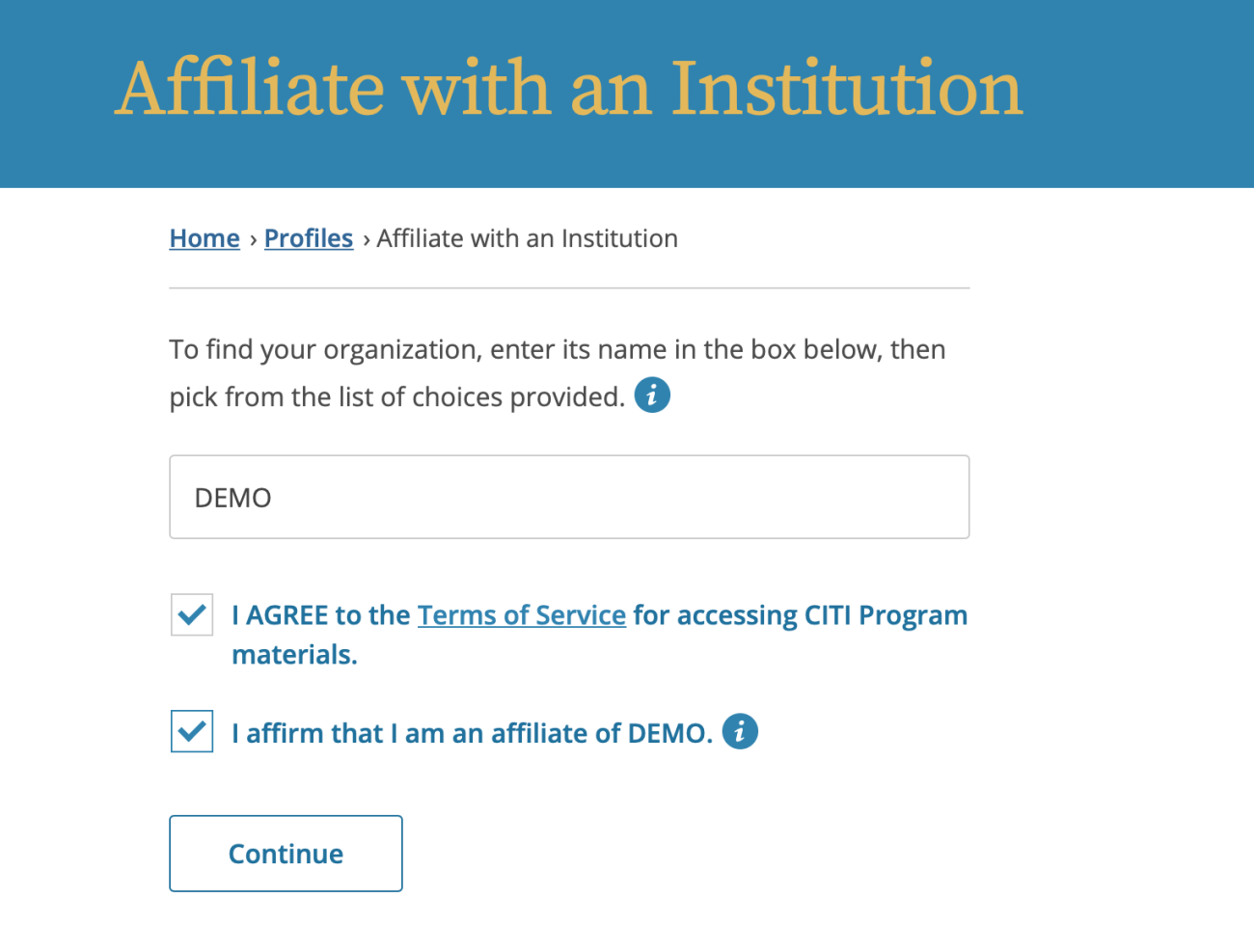Screenshot of institution search function